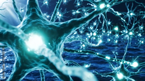 Neural network with firing neurons and blue electrical activity