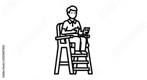 Slika na platnu Tennis Umpire Sitting on Chair with Scorecard and Pen, Line Drawing Icon