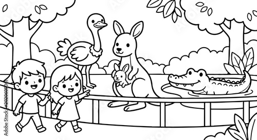 Children visiting zoo animals coloring page illustration