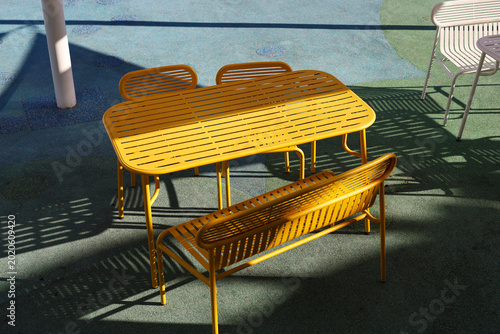 Modern yellow outdoor metal furniture set with table  chairs  and bench