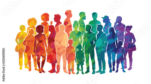 Vibrant colorful silhouettes of diverse people standing together in this artistic and creative group photo