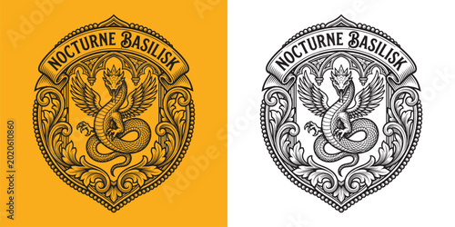 Konstfotografi Nocturne Basilisk Winged Dragon Mascot in Gothic Cathedral Arch Shield Crest