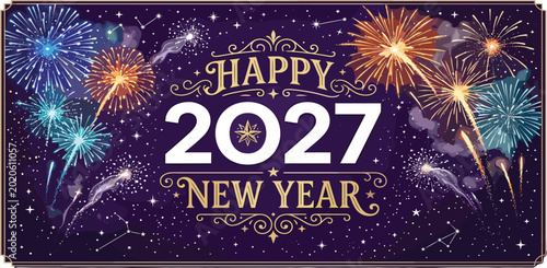Happy New Year 2027 Celebration Banner with Vintage Typography, Elegant Gold Filigree Frame, Sparkling Constellations, and Colorful Fireworks over Dark Purple Starry Sky Background