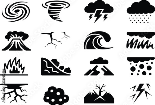 Foto Set of black representing natural disasters and extreme weather phenomena isolat