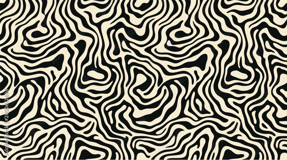 Fototapeta premium Seamless pattern featuring organic black and white wavy fluid lines resembling wood grain or topographic map contours on a light cream background