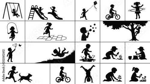 Foto Set of black silhouettes of children playing outdoors and engaging in recreation