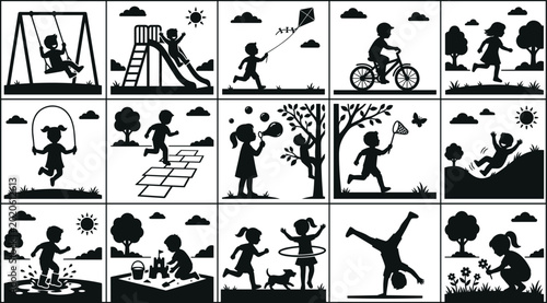 Foto Set of black silhouettes of children playing outdoors and engaging in recreation