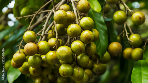 A close-up photograph of fresh lychee fruits hanging from tree branches with green leaves in a natural outdoor setting