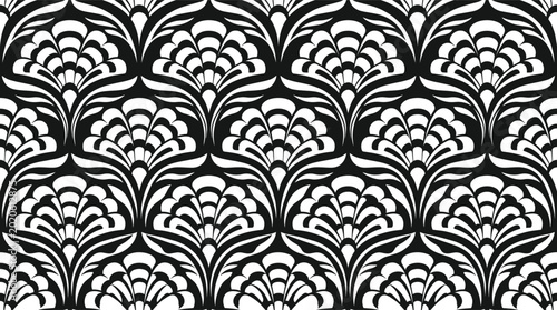 Schilderij op canvas Seamless deco pattern with stylized fan shapes in black and white, geometric rep