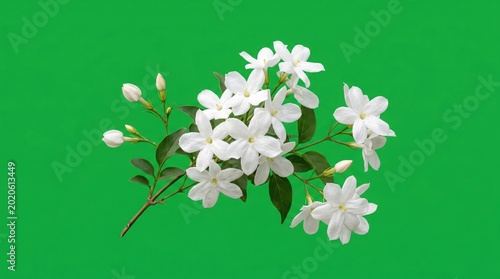 A detailed close up view of a blooming white jasmine flower branch isolated on a bright green.