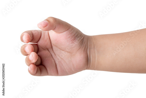 Foto kid hand holding something like a bottle on white background