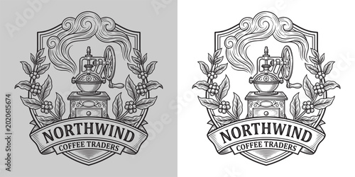 Bild auf Leinwand Northwind Coffee Traders Shield Emblem with Manual Coffee Mill and Aroma Swirls