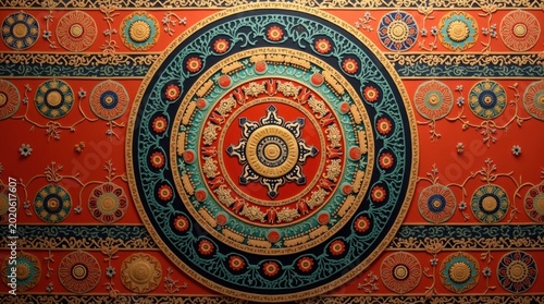 Colorful circular mandala pattern with intricate geometric shapes and traditional decorative motifs in a vibrant orange and gold cultural design