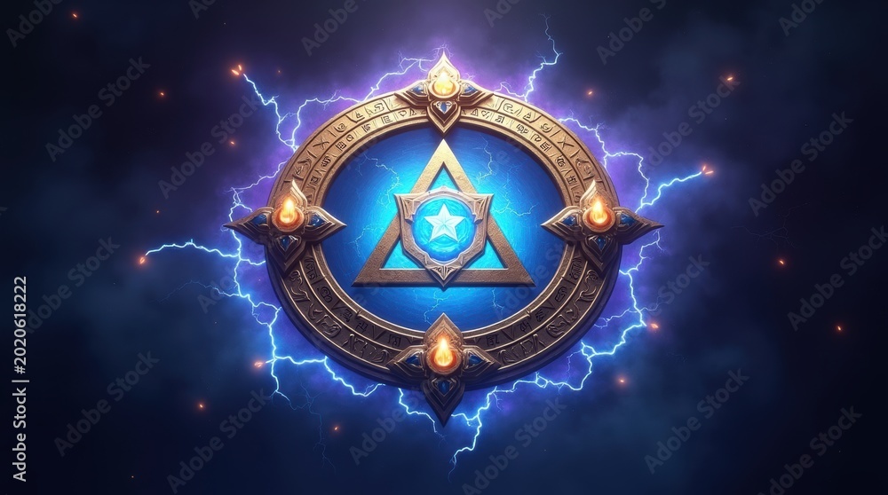 Fototapeta premium Fantasy game emblem with glowing triangle icon and golden frame surrounded by magical blue electric lightning bolts on a dark background