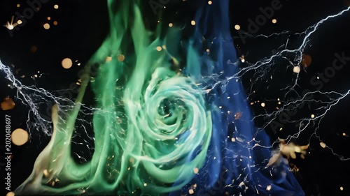 Hypnotic abstract animation of emerald and sapphire flames licking a dark canvas with floating sparks and electric energy
