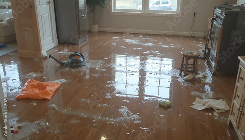 Water-damaged room with wet floor, scattered debris, and household water damage flooded room household debris