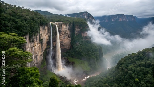 Tall waterfall cascading through lush green cliffs in misty mountain valley