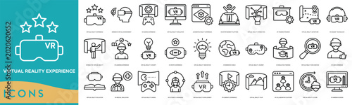 Virtual Reality Experience icon set. Immersive Virtual Environment, VR Gaming Experience, Simulation, Augmented Reality Experience, VR Entertainment Platform and Virtual Reality Interaction