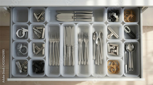 Organized kitchen drawer with utensils and office supplies in separate compartments for efficient storage and easy access
