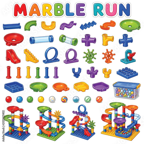 Marble Run Game Concept, Colorful Toy Track and Ball Pathway Illustration