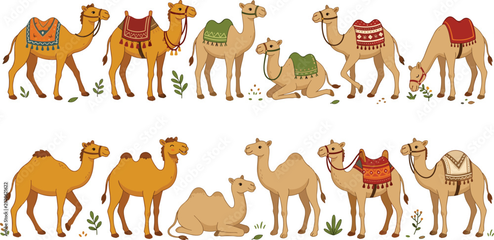 Ταπετσαρία Camel Collection with Decorative Arabian Desert Animals in Hand Drawn Cartoon Ve
