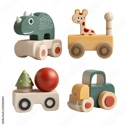 Wooden toy vehicles and animals isolated on transparent background