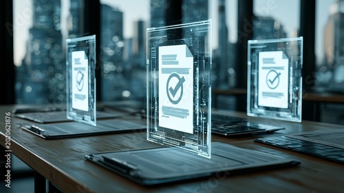 A futuristic office setup with holographic screens displaying checkmarks on a wooden desk in front of a cityscape background.