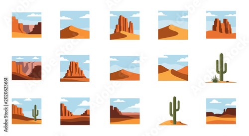 Cuadro en lienzo Desert Landscape Icons: Canyons, Dunes, Mesas, and Cacti - Flat Design
