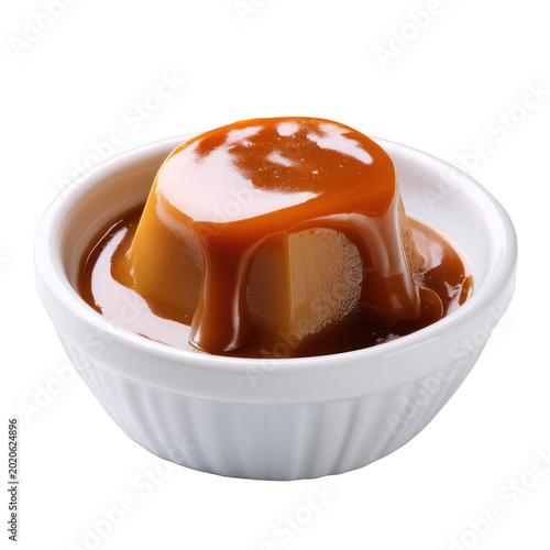 Caramel sauce pouring over custard dessert isolated on transparent