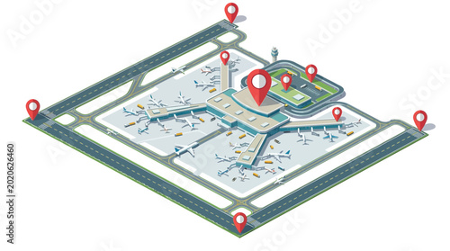 Isometric 3D flat vector airport showing GIS, Remote Sensing, WebGIS, and GeoAI for advanced urban planning and smart transportation analytics