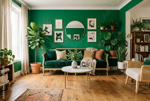 Vibrant Emerald Green Living Room with Lush Indoor Plants and Mid-Century Modern Furniture.