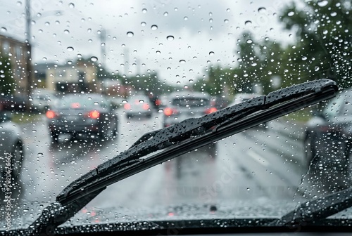 Rainy Day Driving View Through Car Windshield with Wipers.