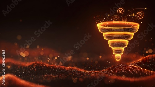 Vibrant Digital Marketing Funnel Illustration with Glowing Lines and Abstract Background for Business and Technology Concepts