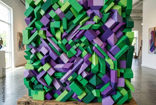 Abstract Sculpture Installation With Geometric Shapes In Purple And Green.