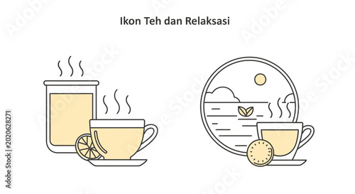 Tea Icon Set: Hot Beverage and Relaxation Scene with Ocean View