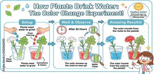 Bild auf Leinwand How Plants Drink Water Science Experiment Infographic Featuring Color Change Dem