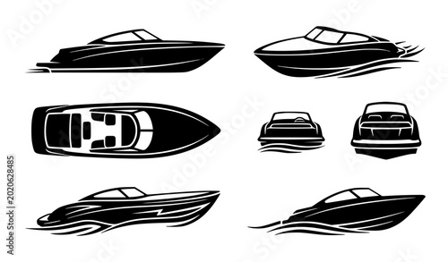 Fotografie Luxury speedboat black silhouette vector illustration with minimalist nautical s