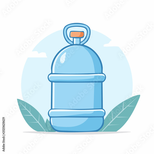 Cartoon style illustration of a blue water bottle with leaves