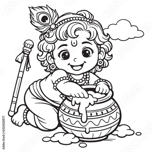 Baby krishna holding a pot of curd with peacock feather line art coloring page