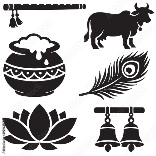 Billede på lærred Collection of hindu religious symbols including flute cow feather pot and bells