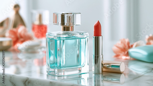 Luxury perfume bottle and lipstick arranged on a marble vanity in soft pastel cosmetic lighting.