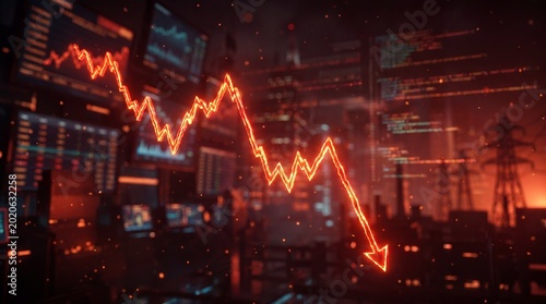 Economic Downturn: A graphic depiction of economic instability, featuring a red downward arrow overlaid on an urban skyline, evoking a sense of crisis and financial decline.