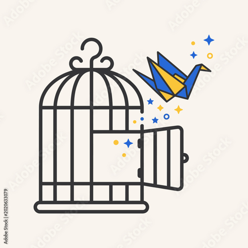 Abstract geometric origami crane flying out of an open bird cage with sparkles, symbolizing freedom and creativity
