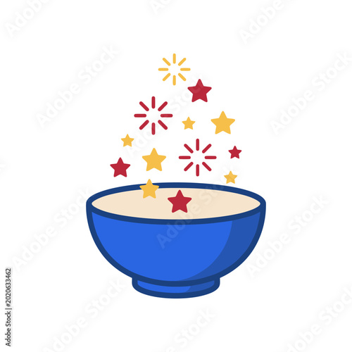 Blue bowl overflowing with red and yellow stars and fireworks, symbolizing celebration, joy, and magic