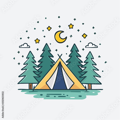 Colorful cartoon camping scene with tent and trees under starry night 