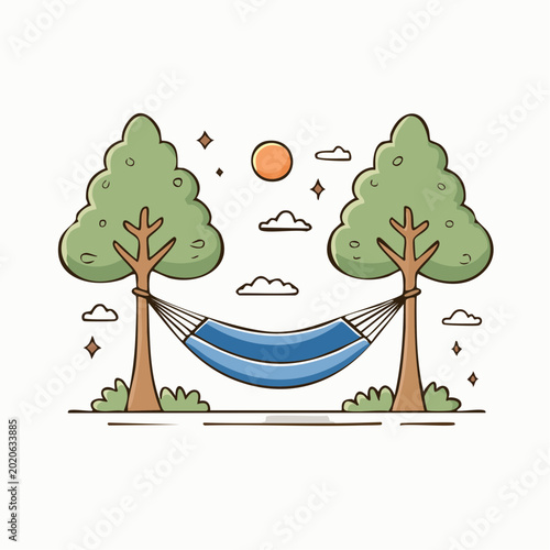 colorful illustration of hammock between two trees under sunny sky