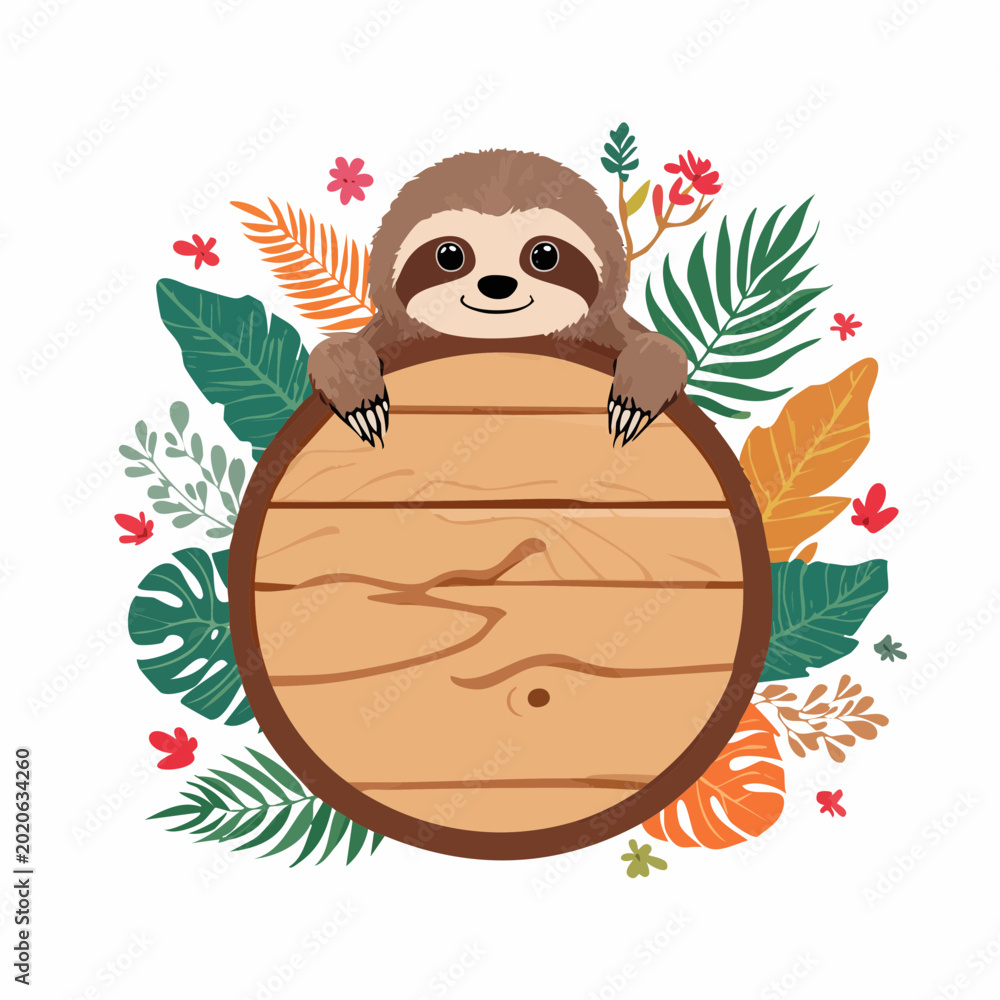 Fototapeta premium Cute Sloth Holding a Wooden Sign with Tropical Leaves