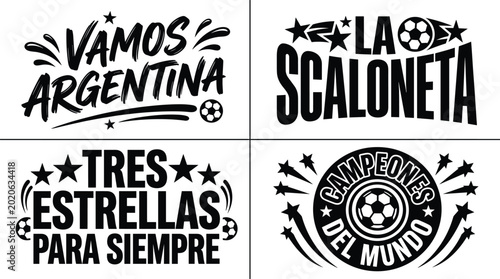 Bild auf Leinwand Four black and white football typography featuring argentine soccer slogans, thr