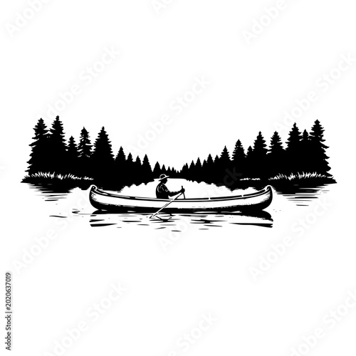 Obraz na plátně A serene canoeing scene at dusk with a person paddling through calm waters surrounded by a dense forest silhouette, evoking peacefulness and adventure in nature