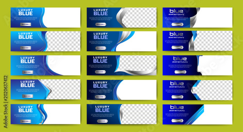 Big set of horizontal business banner templates with blue and silver background. Modern technology design, abstract background layout with photos. Editable Vector corporate and advertising business ba